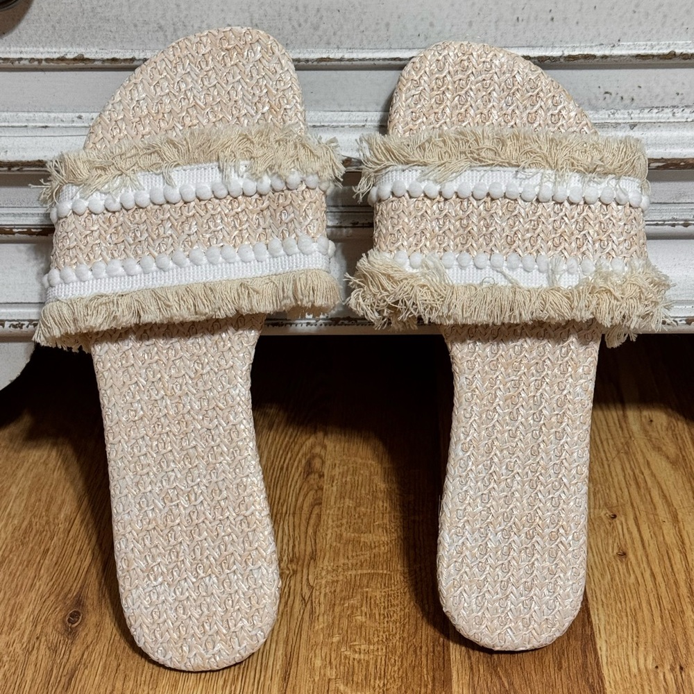 Fringed Tan Slide Slippers